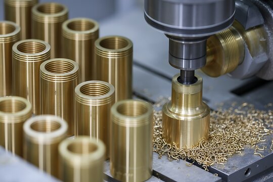 Industrial lathe cutting precision metal cylinder parts in factory.