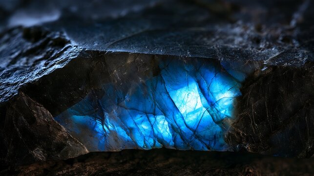 Macro shot of a glowing blue labradorite mineral gemstone.