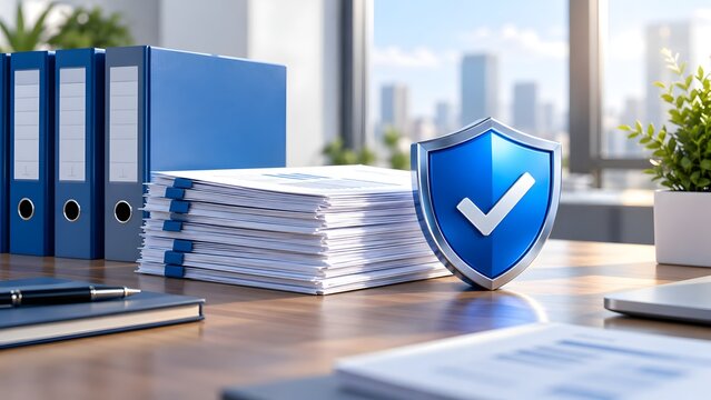 Business office desk with stack of document files binders and blue metallic security shield
