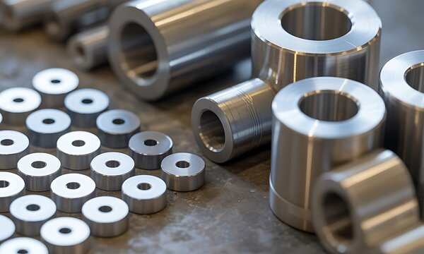 Precision metal rings and cylinders sit neatly on a workshop table.