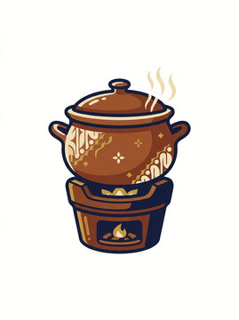 Traditional Indonesian clay cooking pot steaming on charcoal brazier stove illustration