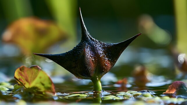 Water chestnut seed pod floating in a pond.