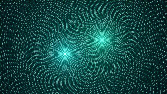 Abstract digital visualization of two glowing energy vortexes