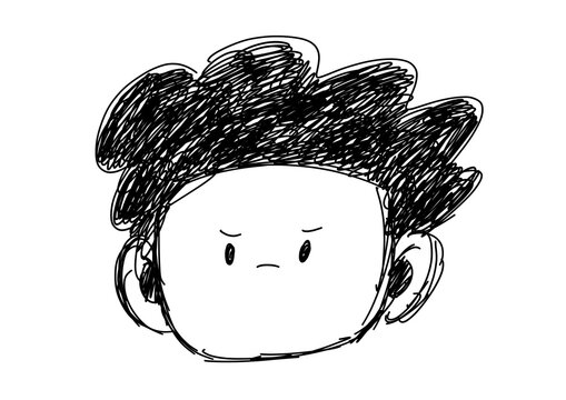 Cute boy face character doodle vector illustration. Hand drawn young man avatar line art isolated