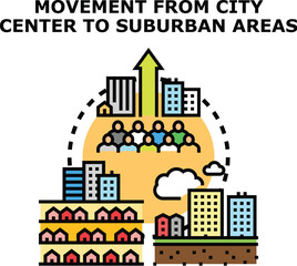 Obraz premium Population movement from dense city areas to spacious suburban communities, illustrated with an upward arrow indicating growth and relocation to residential districts