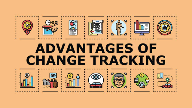 Advantages of change tracking banner infographic. Transparency revision, versioning accountability, traceability analysis icon vector illustration
