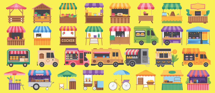 Food trucks and outdoor market stalls with vibrant awnings for street festival design