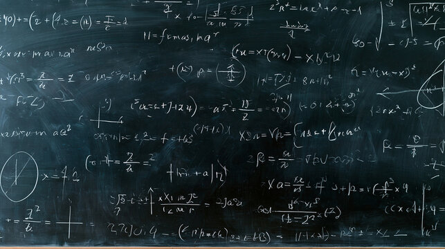 Complex mathematical equations and physics diagrams written across a large academic blackboard, scientific research, advanced mathematics, theoretical physics, education,