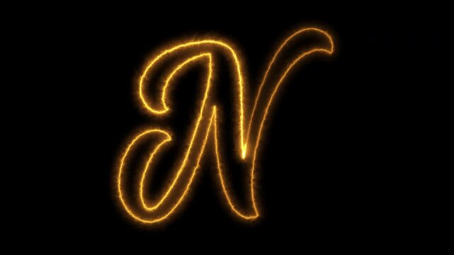 Animated letter n script in glowing fire gold neon light on black background for motion art.