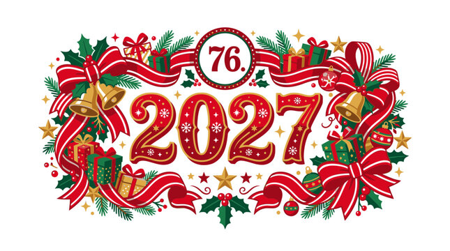 Happy New Year 2027 Vector Banner with Number 76 Festive Ribbons Bells and Holiday Ornaments