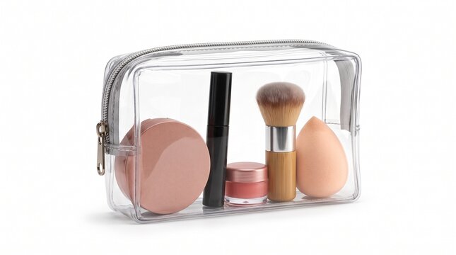 Transparent cosmetic bag with makeup products, clear plastic toiletry pouch for travel, beauty accessories in see-through organizer on white background