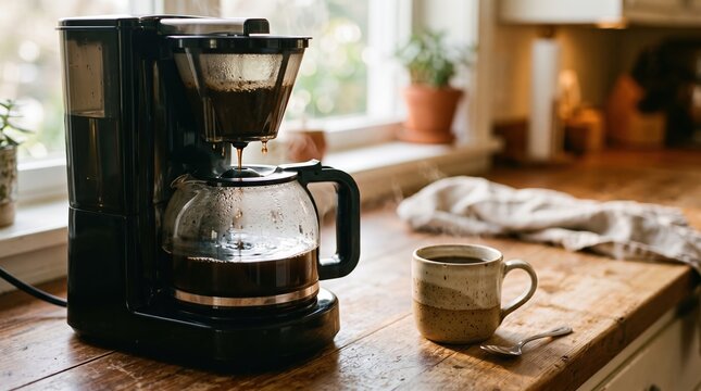 Rustic coffee maker on wooden counter with morning brew setup