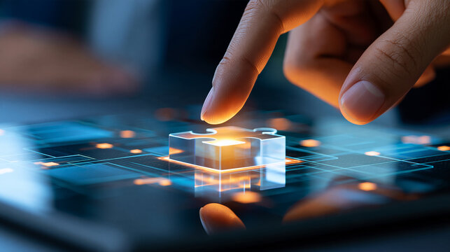 Human hand placing a luminous puzzle piece into a transparent digital grid, strategic problem solving, innovation, business growth, creative thinking, technology consulting,