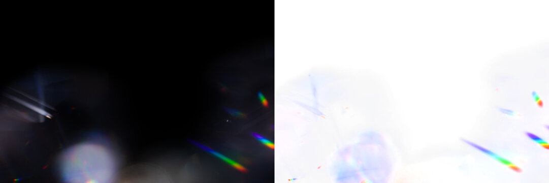 Prismatic light refraction with streaks and soft bokeh, includes a transparent PNG version and a black background preview. Suits an overlay, nightclub and fashion album cover.
