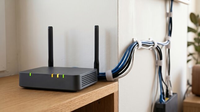 Modern wireless router on wooden desk with ethernet cables setup
