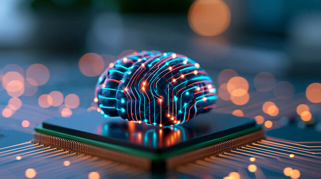 Detailed AI processor generating interconnected neural pathways, luminous data nodes, machine learning, automation, computational intelligence, futuristic electronics, premium