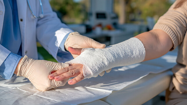 Doctor applying a white medical bandage to a patient's hand while wearing disposable protective gloves, clean examination table and clinical equipment in background, focus on hands and treatment pro