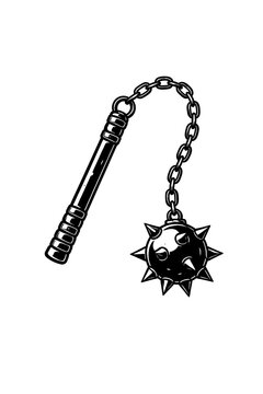 A flail weapon with a spiked ball on a chain and a handle