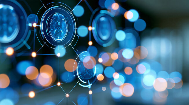 Abstract healthcare data visualization combining brain imaging patterns, digital networks and analytical graphs, artificial intelligence in healthcare, medical research,