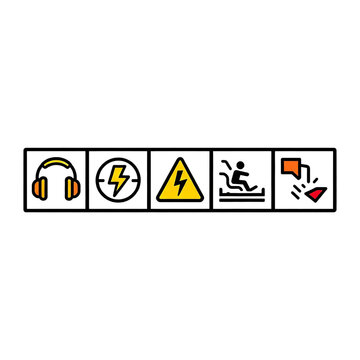 Safety warning and protective equipment icons set, ear protection, high voltage electricity, falling objects risk, slippery surface caution, industrial hazard collection, yellow triangular signs, flat