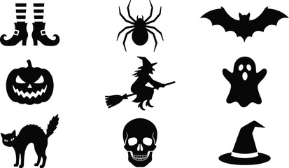Fototapeta premium Set of black halloween icons with witch ghost spider and pumpkin