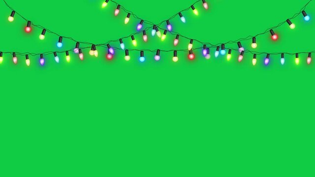 Colorful Christmas String Lights Blinking on Top Border Isolated Green Screen,Chroma key Loop Animation for New Year and Holiday and Birthday Videos Overlay Motion design element