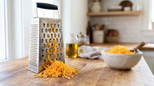 Freshly grated cheese on wooden table with olive oil and kitchen background