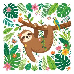 Obraz premium Cute sloth hanging on tree branch with tropical leaves