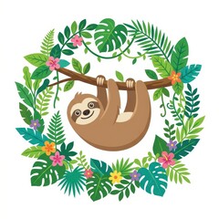 Obraz premium Cute sloth hanging on branch in tropical floral wreath