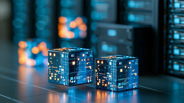 Secure server room with glowing digital cubes representing processed machine learning datasets, AI infrastructure, data processing, cloud computing, server technology,