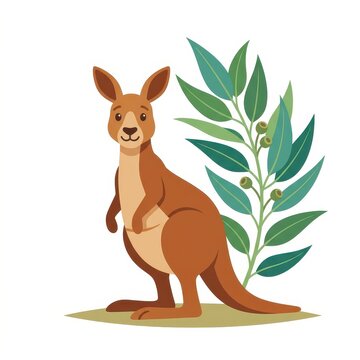 Cute kangaroo with eucalyptus branches vector illustration