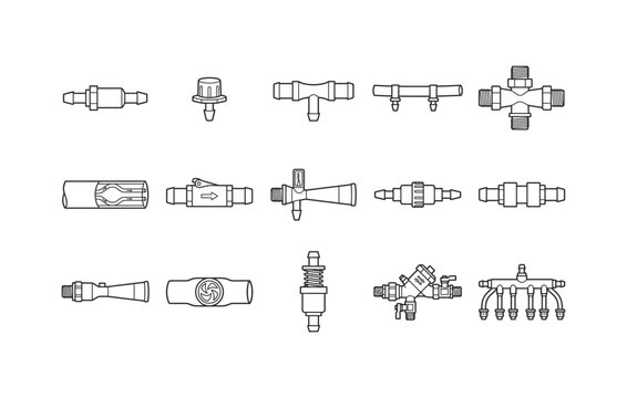 Drip irrigation fittings micro sprinklers and fertigation injector line icon set vector