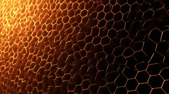 A honeycomb pattern fills the space, showing hexagons growing from small to large. The background is dark with a warm color gradient.