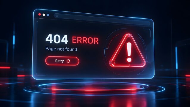 Glowing neon 404 error page not found interface with red warning triangle on dark futuristic background