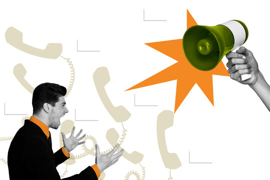 Composite photo collage of angry man scream protest hand hold megaphone rebellion strike telephone handset isolated on painted background
