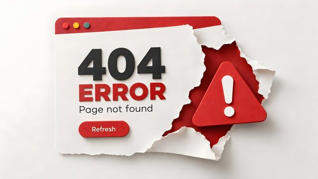 Torn paper revealing red warning triangle and 404 error page not found message concept
