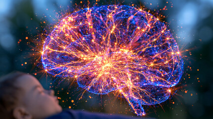 Fototapeta premium Scientific concept showing a baby's developing brain as a luminous three-dimensional neural network, countless branching neurons and sparkling synapses creating dense interconnected pathways, infant