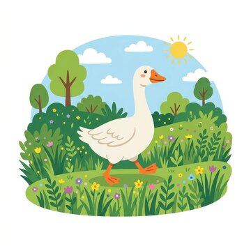 Cute white goose walking in nature landscape vector illustration
