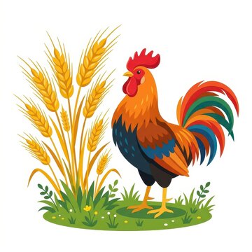 Rooster and wheat ears vector illustration
