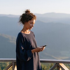 Obraz premium Woman on mountain balcony with coffee and phone in the morning for travel blog header and social media background