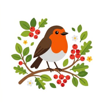 Cute robin bird on branch with red berries vector illustration