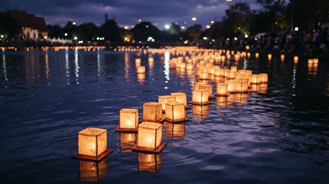 Glowing paper lanterns floating on water