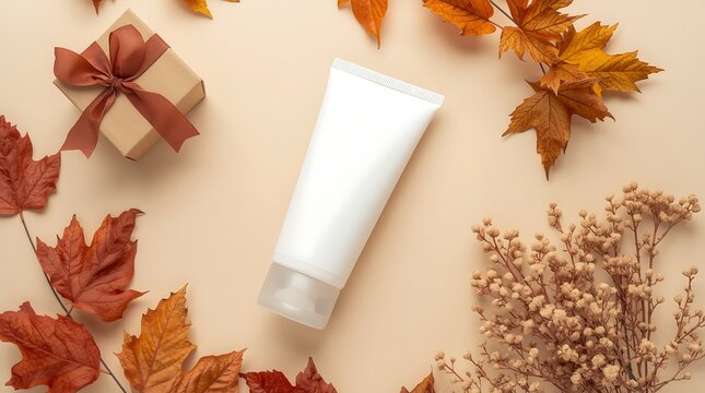 White blank cosmetic tube mockup on neutral beige background decorated with autumn maple leaves, dried flowers, and a small kraft gift box for seasonal skincare and beauty branding concept