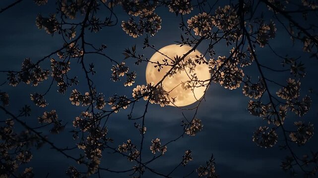 Flowering Branch Silhouetted Against a Glowing Full Moon