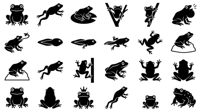 A comprehensive collection of frog silhouette icons displaying various poses and life stages in a clean black and white vector style