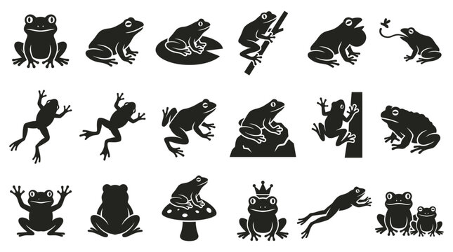Diverse collection of frog silhouette shapes in various poses for wildlife and nature design projects