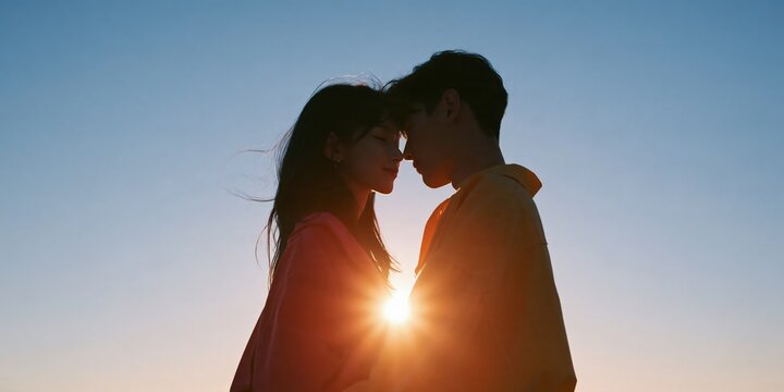 Silhouette couple touching foreheads at sunset with sun flare for romantic wallpaper and background use