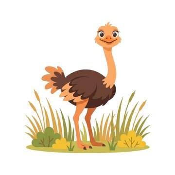 Cute cartoon ostrich in the grass
