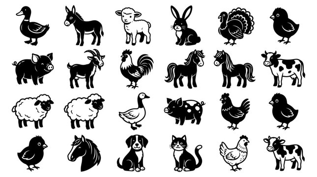 Set of farm animal silhouette icons including cow horse pig sheep chicken duck and rabbit vector illustrations for agriculture branding