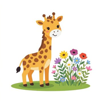 Cute cartoon giraffe with flowers